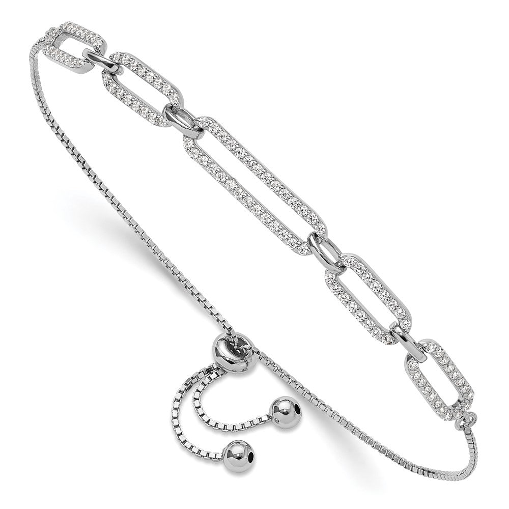 Sterling Silver Rhod-plated Paperclip Link CZ Adjustable Bracelet