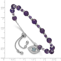 SS Rh-plated Amethyst and CZ and Blue Glass Adjustable Bracelet