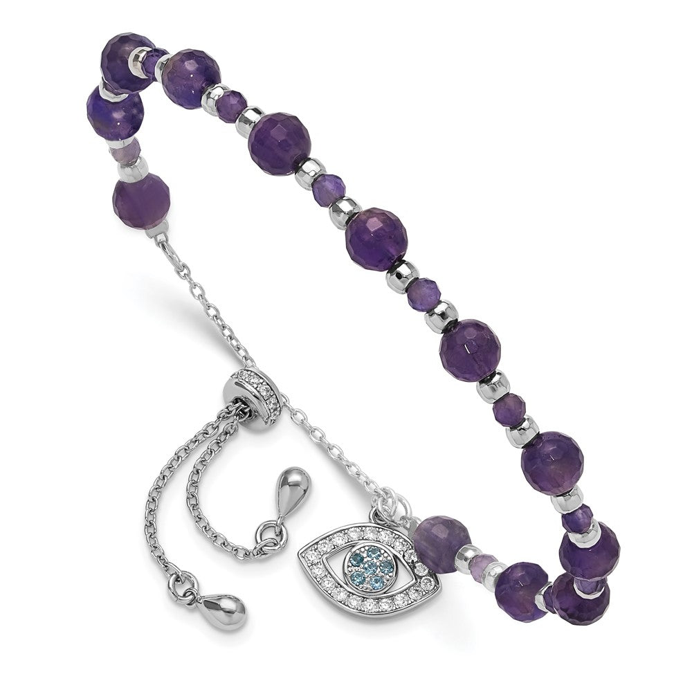 SS Rh-plated Amethyst and CZ and Blue Glass Adjustable Bracelet