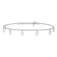 Sterling Silver Rhodium-plated Polished Heart 9.5in Plus 1in ext. Anklet
