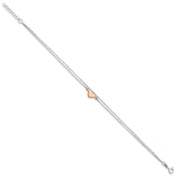 Sterling Silver Rose-tone 2-Strand Heart 9in Plus 1in ext. Anklet