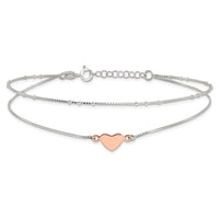 Sterling Silver Rose-tone 2-Strand Heart 9in Plus 1in ext. Anklet