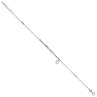 Sterling Silver Rhodium-plated Beads and Heart 9in Plus 1in ext Anklet