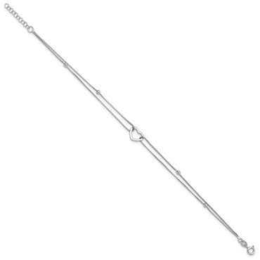 Sterling Silver Rhod-plated Polished Heart Beaded 9in w/1in ext Anklet