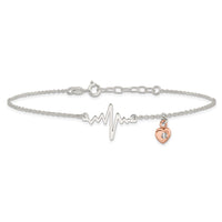 Sterling Silver Rose-tone CZ Heart and Heartbeat 9in Plus 1in ext. Anklet
