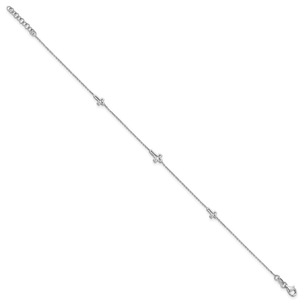 Sterling Silver Rhodium-plated Open Cross 9in Plus 1in Ext. Anklet