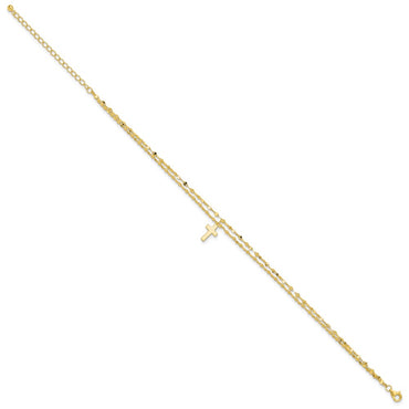 Sterling Silver Gold-plated 2-Strand Cross 8.75in Plus 2in ext Anklet