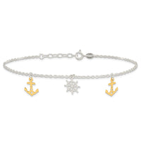 Sterling Silver Gold-tone Anchor/Ship's Wheel 9in Plus 1in ext Anklet