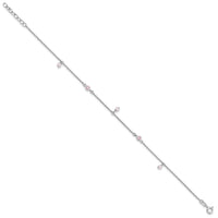 Sterling Silver Rhod-plated Pink CZ/Glass Beads 9in Plus 1in ext Anklet