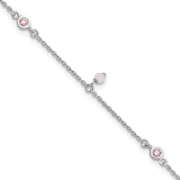Sterling Silver Rhod-plated Pink CZ/Glass Beads 9in Plus 1in ext Anklet