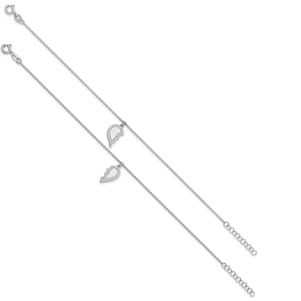 Sterling Silver Rhod-plated CZ Half Heart 7.25in w/1 in ext 2 Bracelet Set