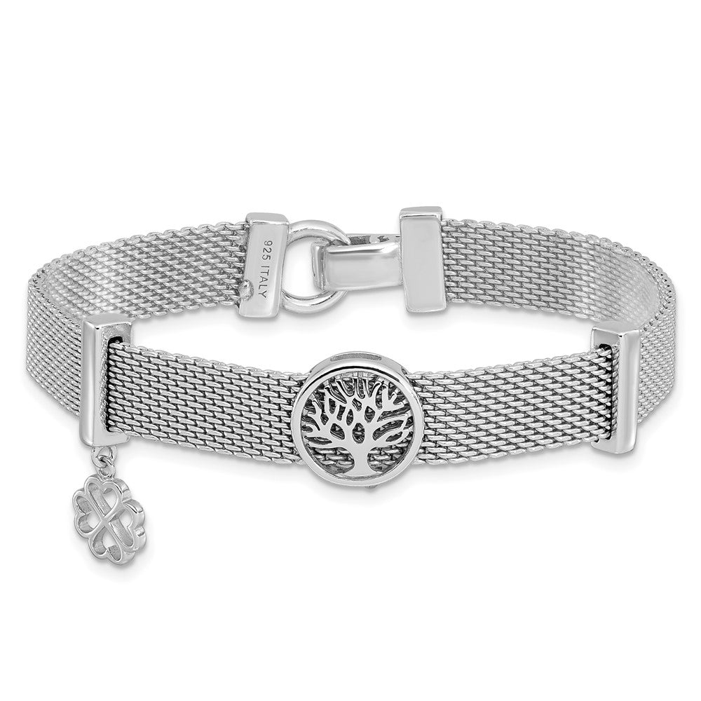 Sterling Silver Rh-plated Mesh Tree with Clover Dangle 6.75in Bracelet
