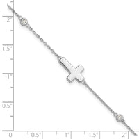 Sterling Silver Rhodium-plated CZ Sideways Cross 8in w/1in ext. Bracelet