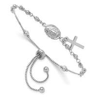 Sterling Silver Rh-plated Cross Dangle Rosary Adjustable Bracelet