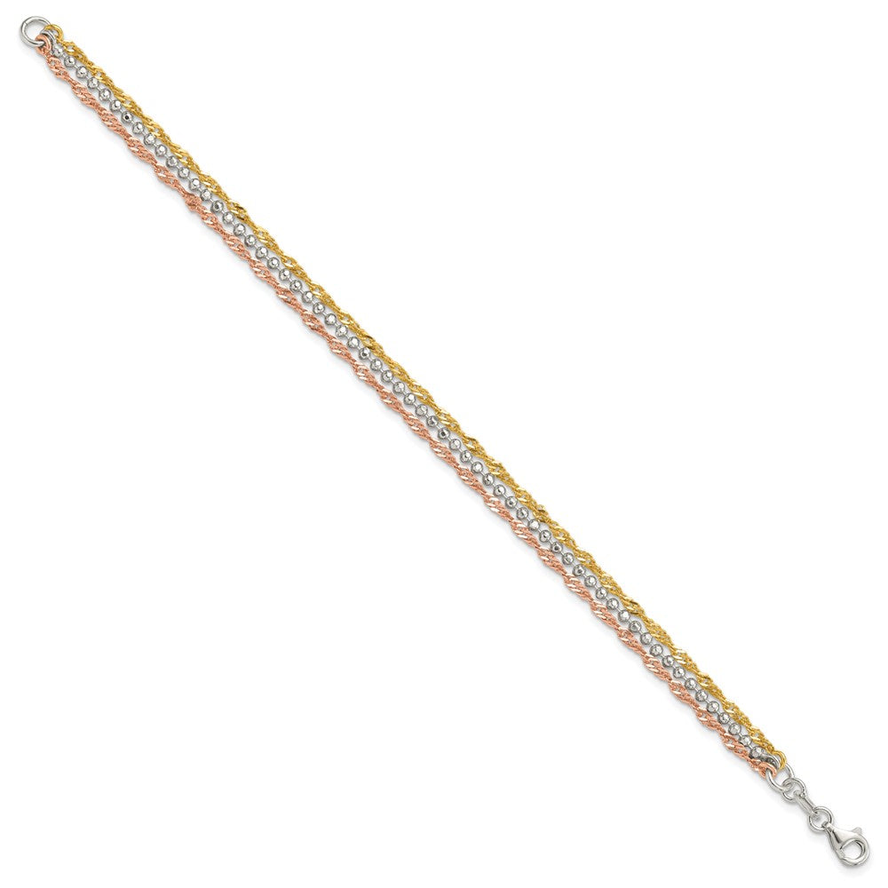 Sterling Silver Gold and Rose Gold-plated 3 Strand 7.5in Bracelet
