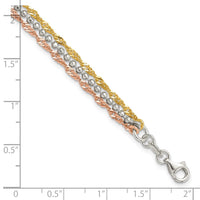 Sterling Silver Gold and Rose Gold-plated 3 Strand 7.5in Bracelet