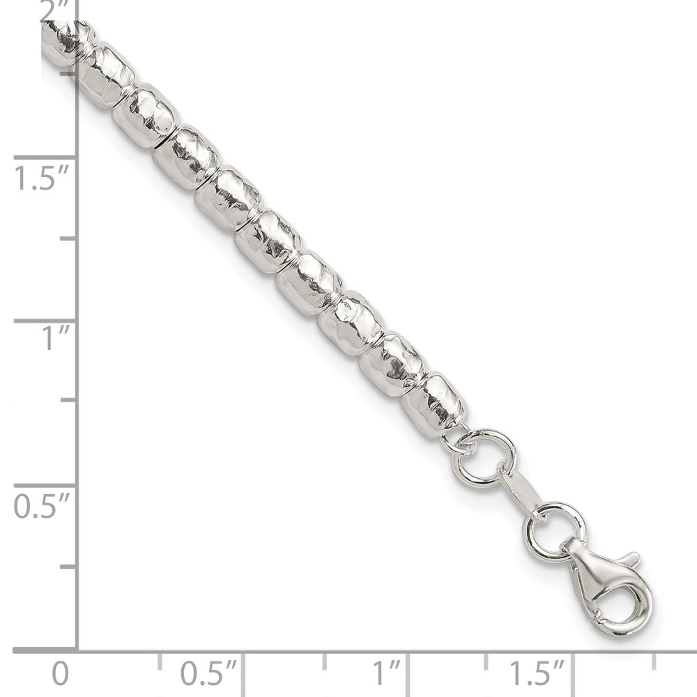 Sterling Silver RH-plated Polish/Hammered Beaded w/1 in ext. Bracelet
