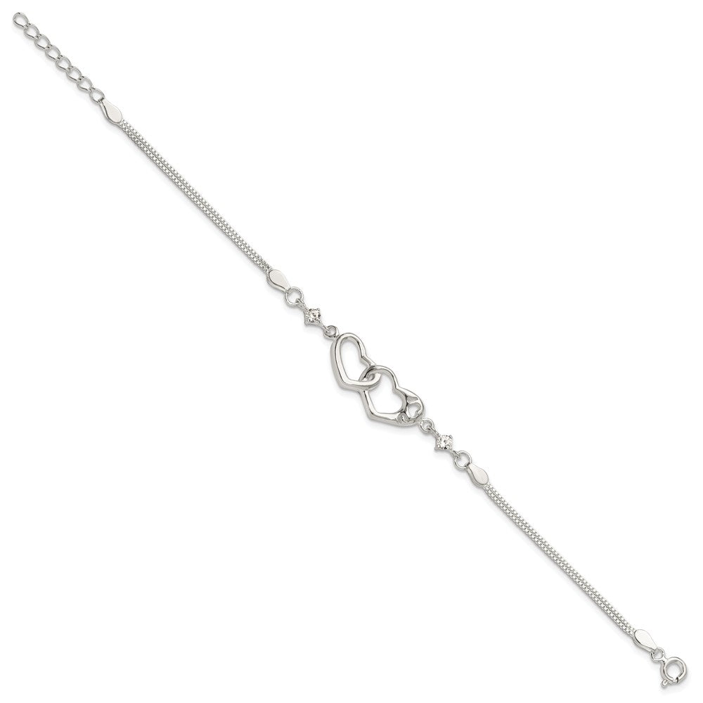 Sterling S Rh-pld Pol Open Double Heart CZ "I Heart U" w/1in ext Bracelet