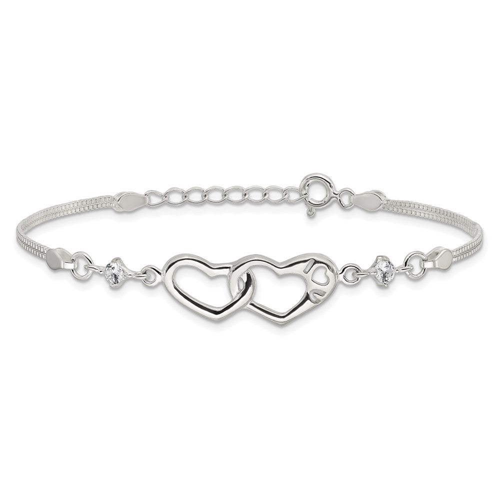 Sterling S Rh-pld Pol Open Double Heart CZ "I Heart U" w/1in ext Bracelet
