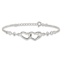 Sterling S Rh-pld Pol Open Double Heart CZ "I Heart U" w/1in ext Bracelet