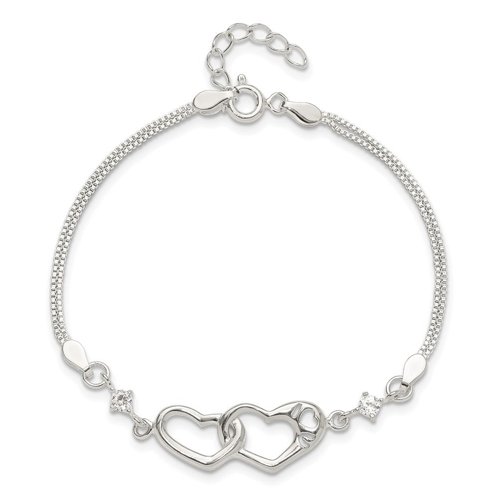 Sterling S Rh-pld Pol Open Double Heart CZ "I Heart U" w/1in ext Bracelet