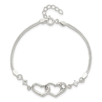 Sterling S Rh-pld Pol Open Double Heart CZ "I Heart U" w/1in ext Bracelet