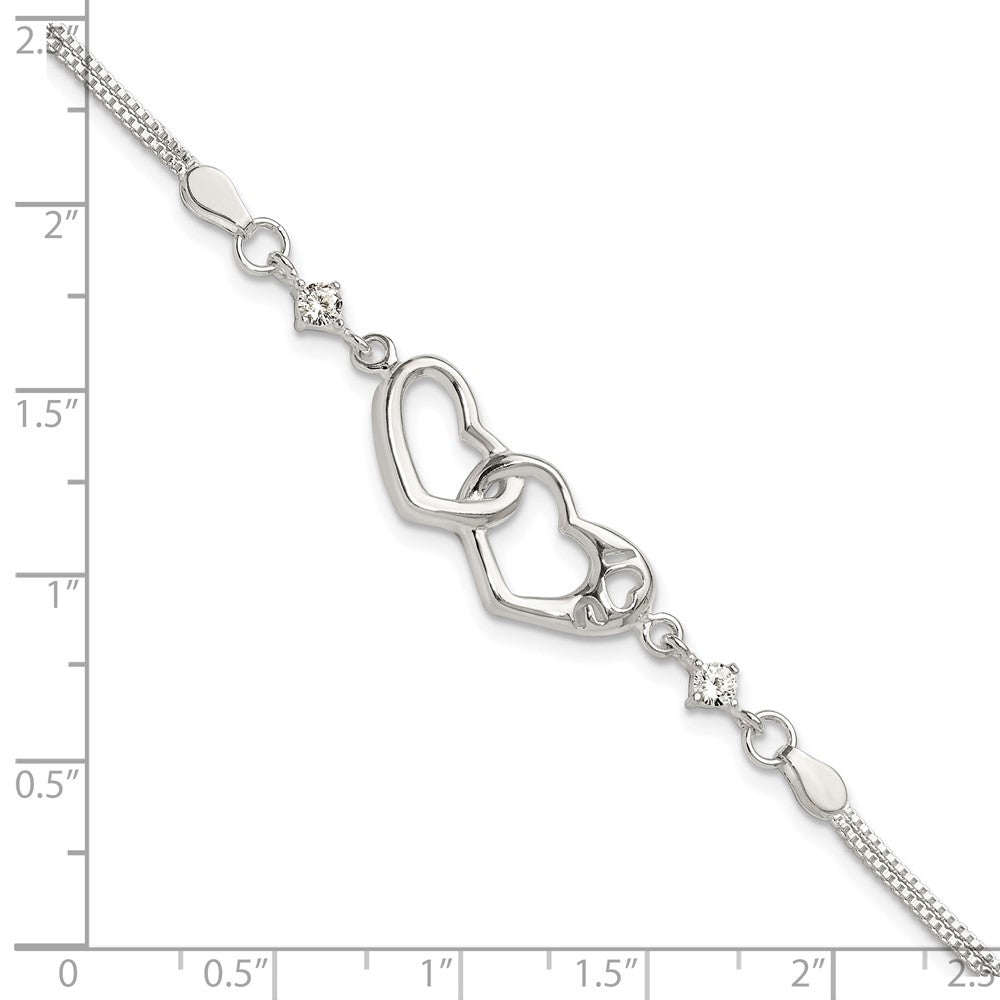 Sterling S Rh-pld Pol Open Double Heart CZ "I Heart U" w/1in ext Bracelet