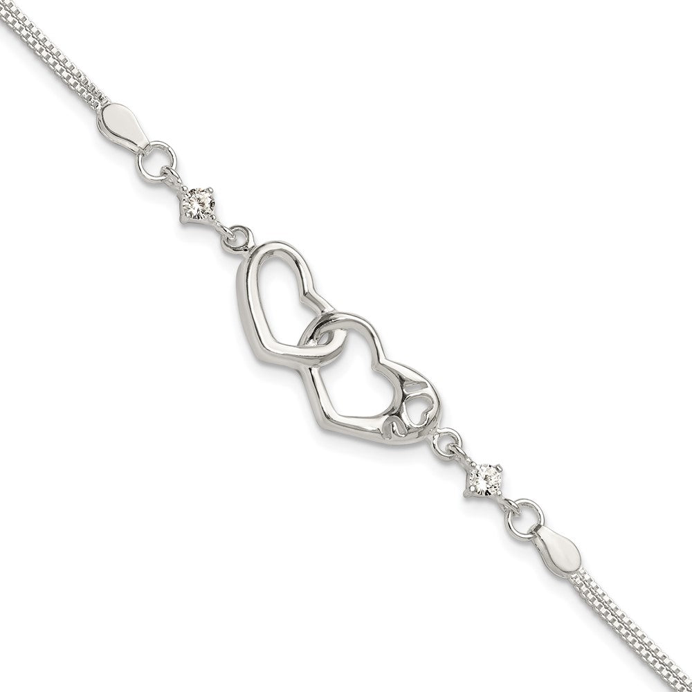 Sterling S Rh-pld Pol Open Double Heart CZ "I Heart U" w/1in ext Bracelet