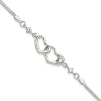 Sterling S Rh-pld Pol Open Double Heart CZ "I Heart U" w/1in ext Bracelet