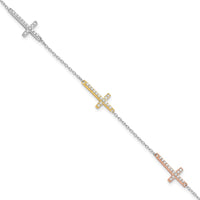 Sterling Silver Rhod-plated Gold/Rose-tone CZ Cross w/1in ext. Bracelet