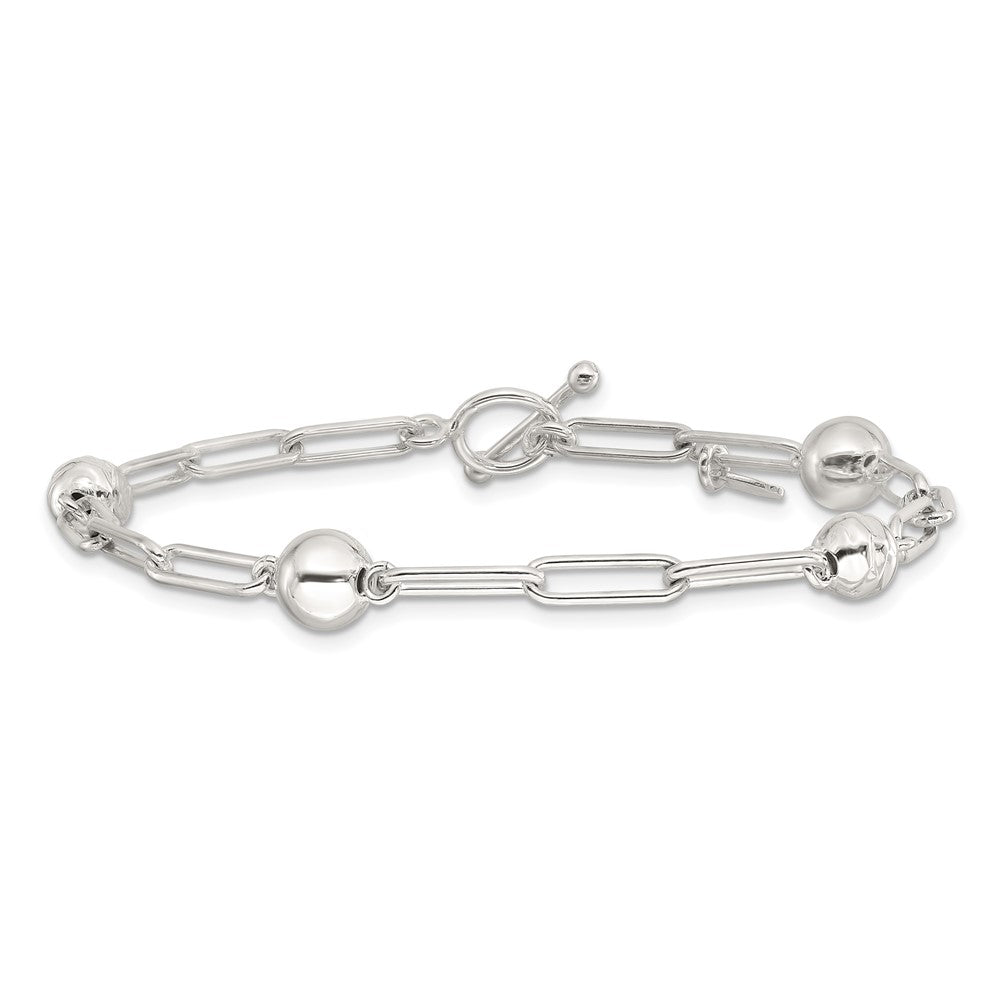 Sterling Silver Polished and Textured Beaded Link Toggle Bracelet