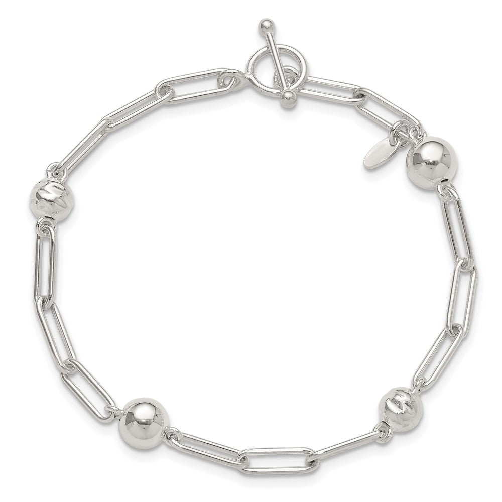 Sterling Silver Polished and Textured Beaded Link Toggle Bracelet