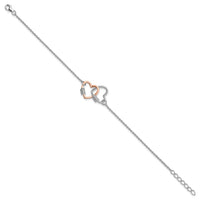 Sterling Silver Rh-plated Rose-tone Double Heart 7in w/1in ext Bracelet