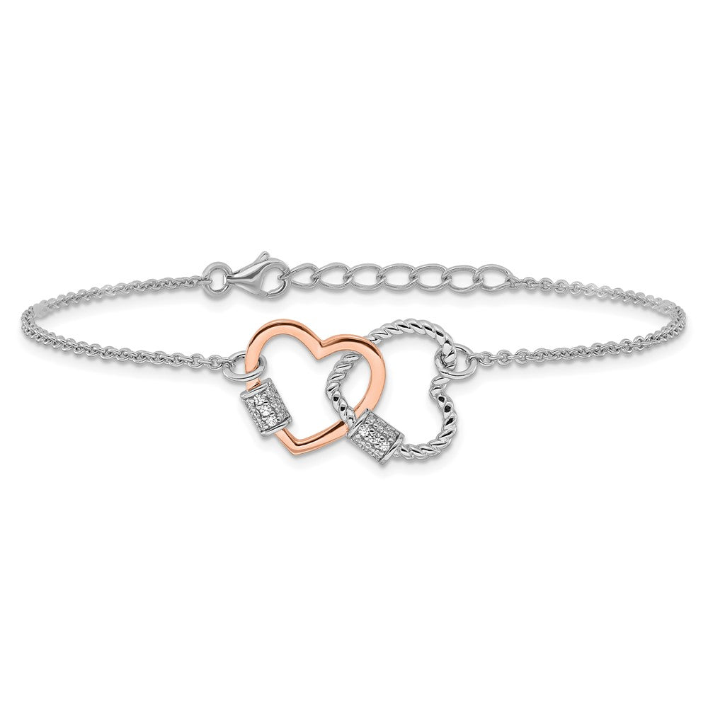 Sterling Silver Rh-plated Rose-tone Double Heart 7in w/1in ext Bracelet
