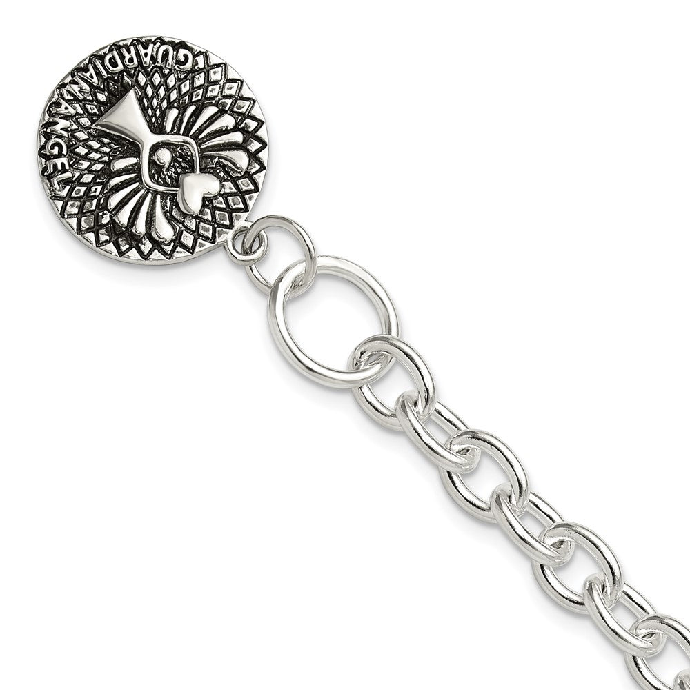Sterling Silver Oxidized Dangle GUARDIAN ANGEL Toggle Clasp Bracelet