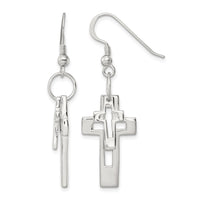 Sterling Silver Polished Double Open Cross Shepherd Hook Earrings