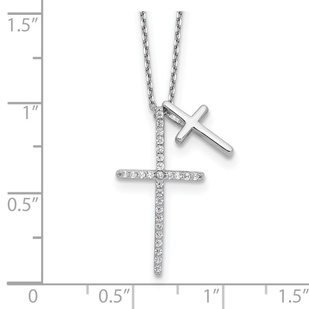 Sterling Silver Rhodium-plated with CZ Double Cross 16in +2in ext Necklace