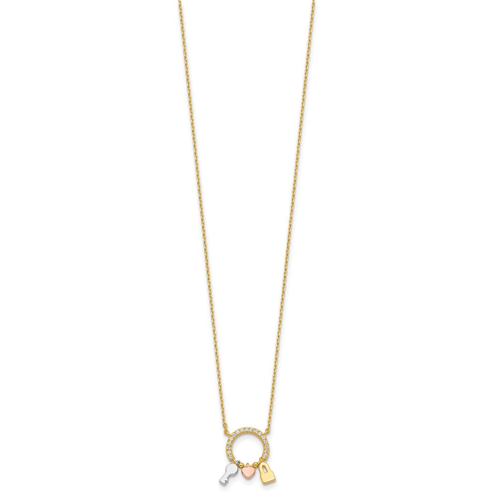Sterling Silver RH-pltd Gold/Rose-tone CZ Key/Lock/Heart w/2In Ext Necklace