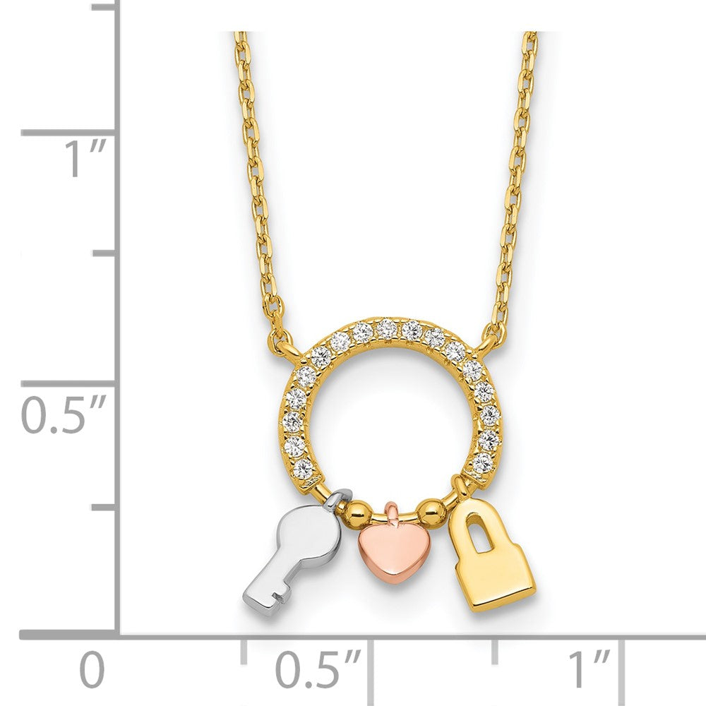 Sterling Silver RH-pltd Gold/Rose-tone CZ Key/Lock/Heart w/2In Ext Necklace