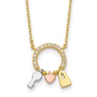 Sterling Silver RH-pltd Gold/Rose-tone CZ Key/Lock/Heart w/2In Ext Necklace