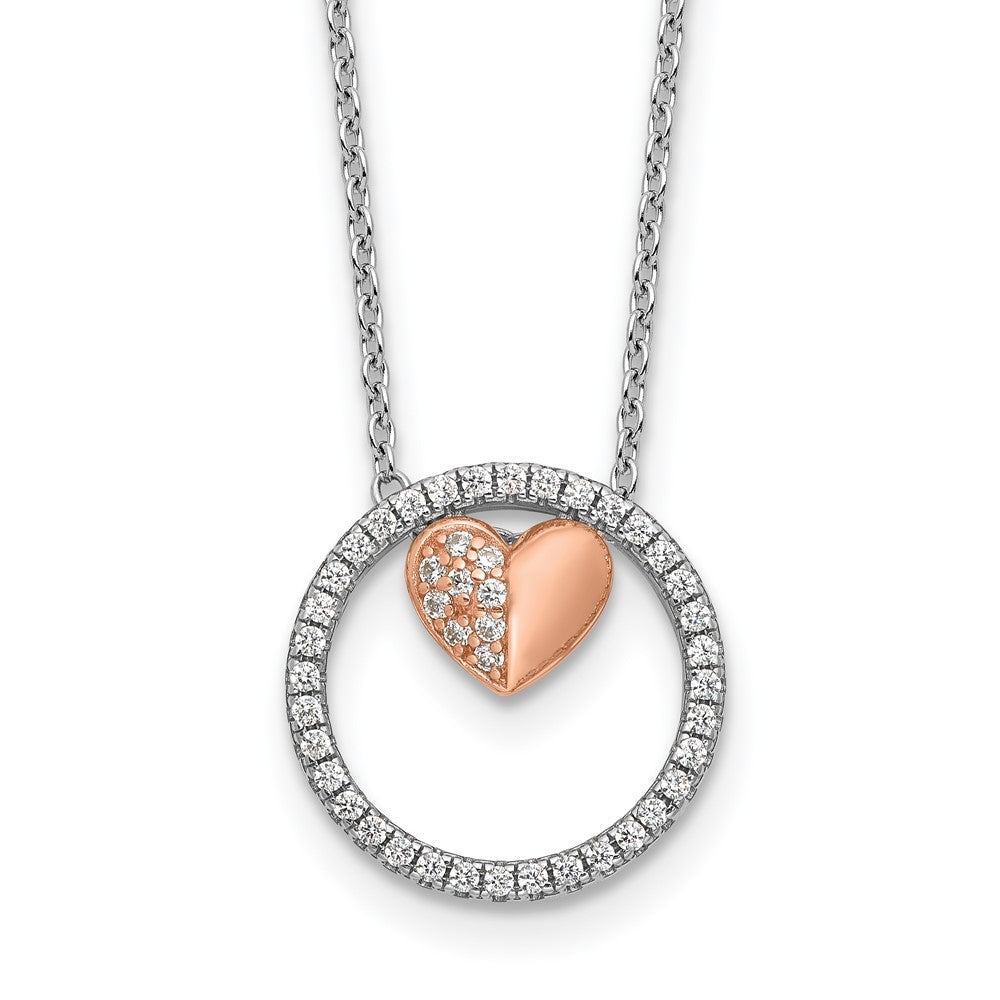 Sterling Silver Rh-plated Rose-tone CZ Heart  w/1in ext Necklace