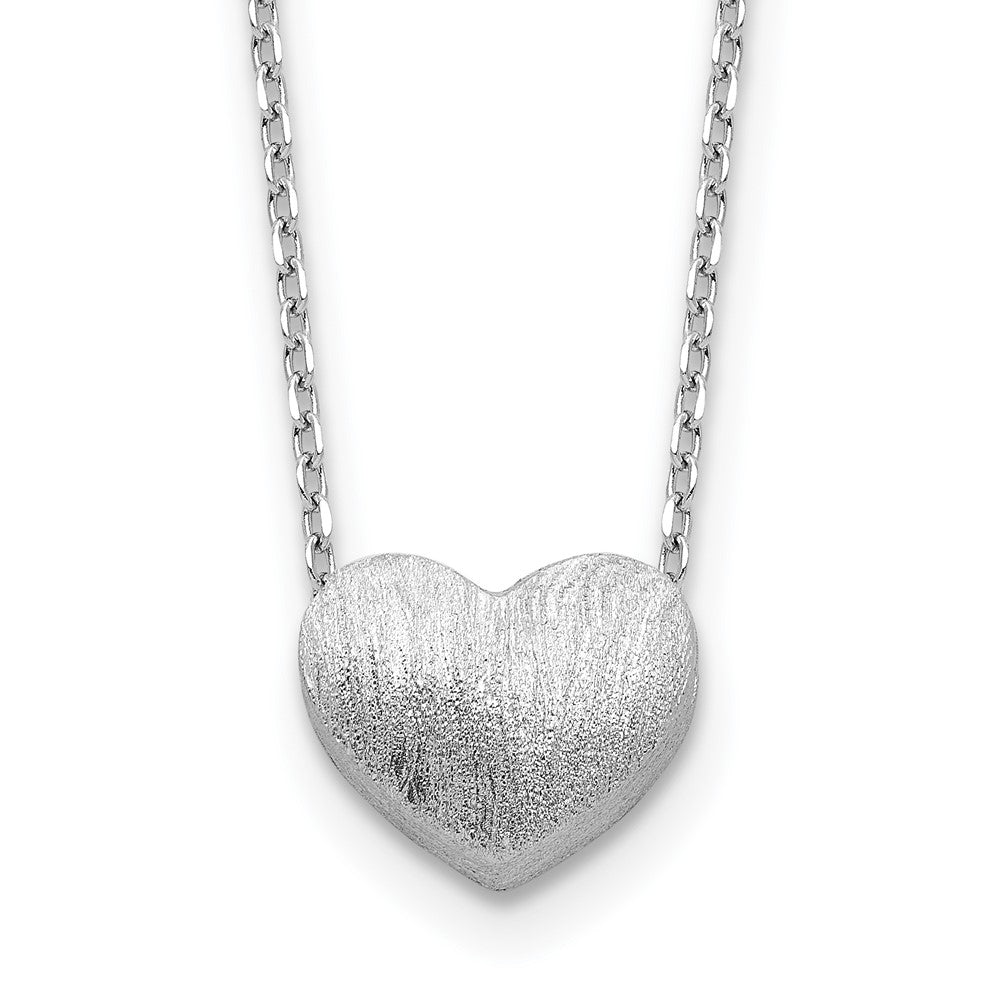 Sterling Silver Rho-plated  Brushed Heart 16.5in w/1in ext Necklace