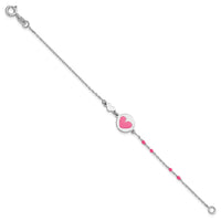 Sterling Silver Polished Pink Enamel Heart Children's 6in Bracelet