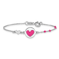 Sterling Silver Polished Pink Enamel Heart Children's 6in Bracelet