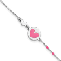 Sterling Silver Polished Pink Enamel Heart Children's 6in Bracelet