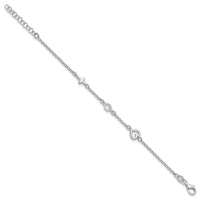 Sterling Silver RH-plated CZ Heart & Cross 5.5 inch w/1in ext. Bracelet