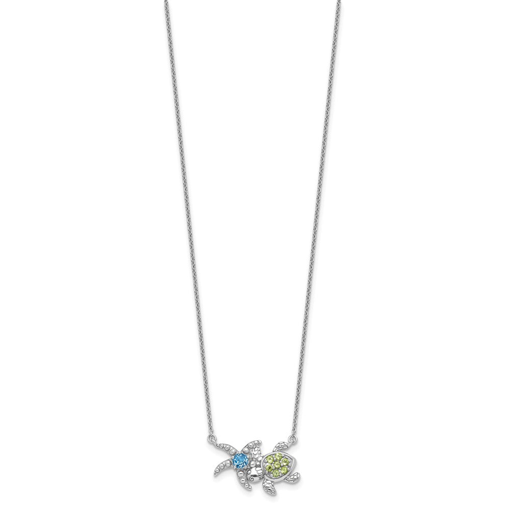 Sterling Silver Rh-pl Peridot and Lt Swiss Blue Topaz Turtle Starfish Neckl