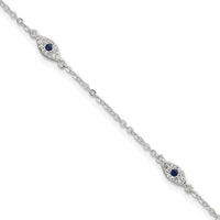Sterling Silver Polished Blue and White CZ Evil Eye 7in w/ 1in Ext Bracelet