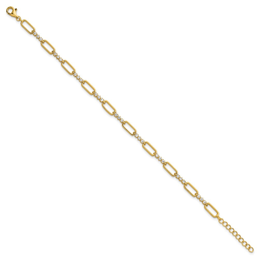 Sterling Silver Gold-tone Polished CZ Link 7in w/1in Ext Bracelet