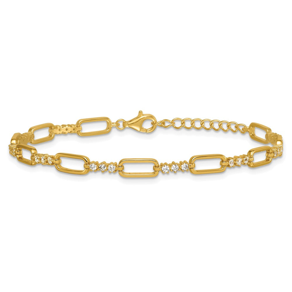 Sterling Silver Gold-tone Polished CZ Link 7in w/1in Ext Bracelet